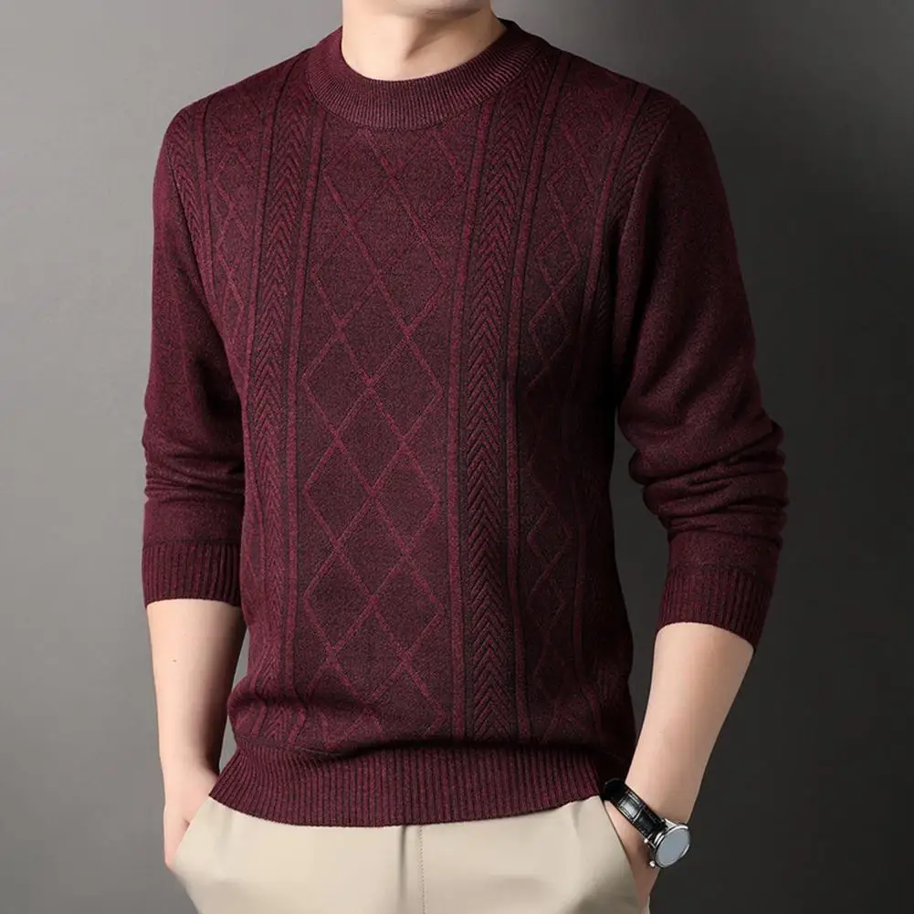 Men Jumper Cozy Knitted Sweater for Fall Winter Round Neck Long Sleeves Solid Color Pullover Thick Stretchy Loose Fit for Wear