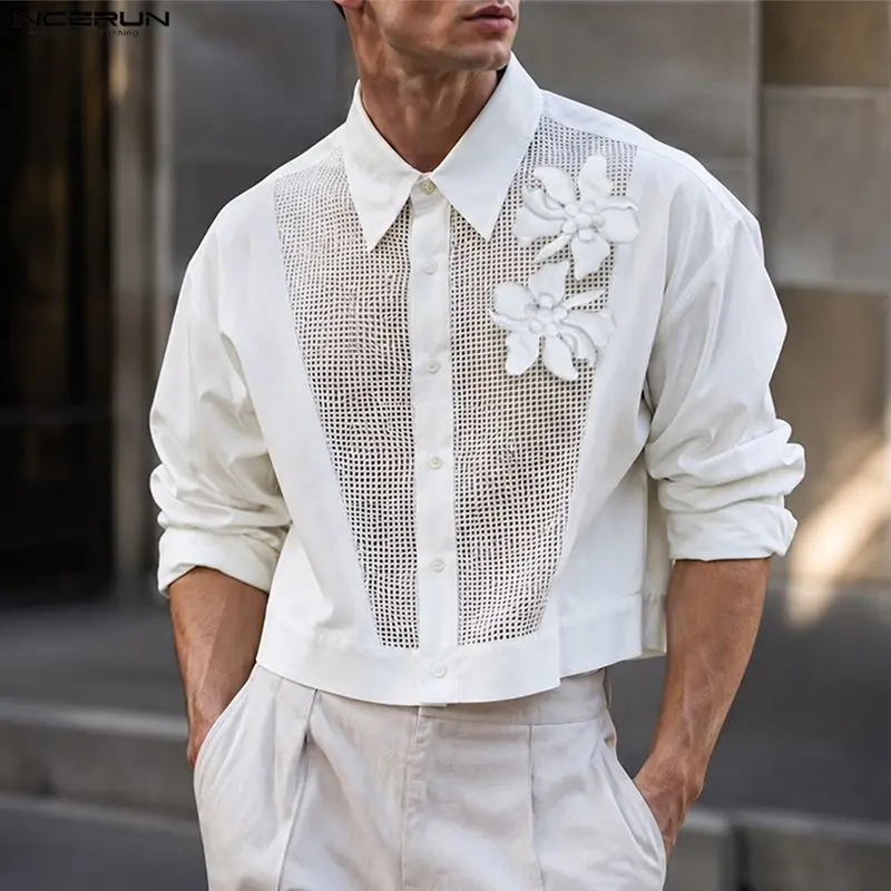 INCERUN Men's Shirt Mesh Patchwork Flower Lapel Long Sleeve Men Clothes See Through Streetwear Sexy Loose Fashion Tops For Man