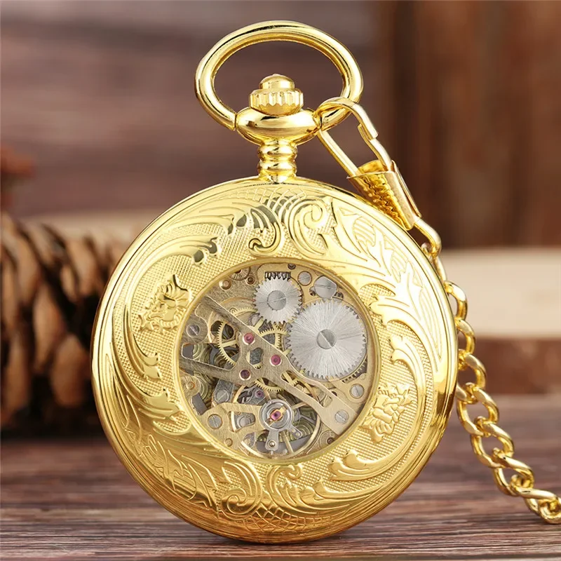 Luxury Gold Transparent Cover Unisex Hand-wind Mechanical Pocket Watch Roman Numerals Skeleton Pendant Clock with Fob Chain