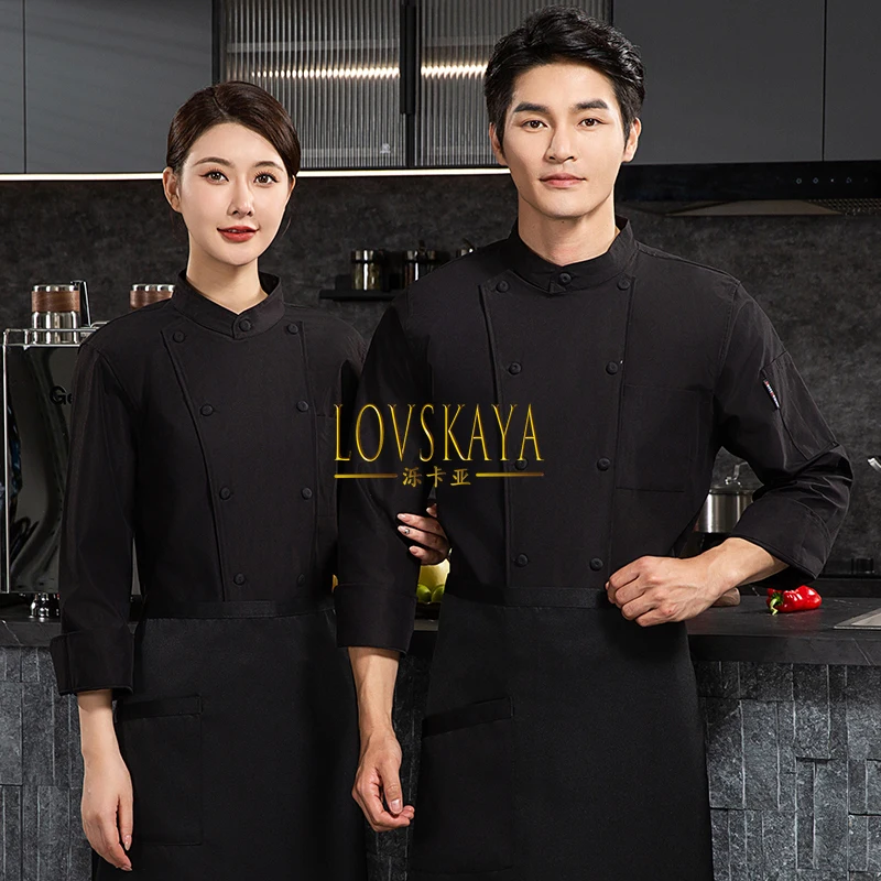 Long sleeved elastic cotton pure black pure white catering chef work clothes high-end hotels and restaurants