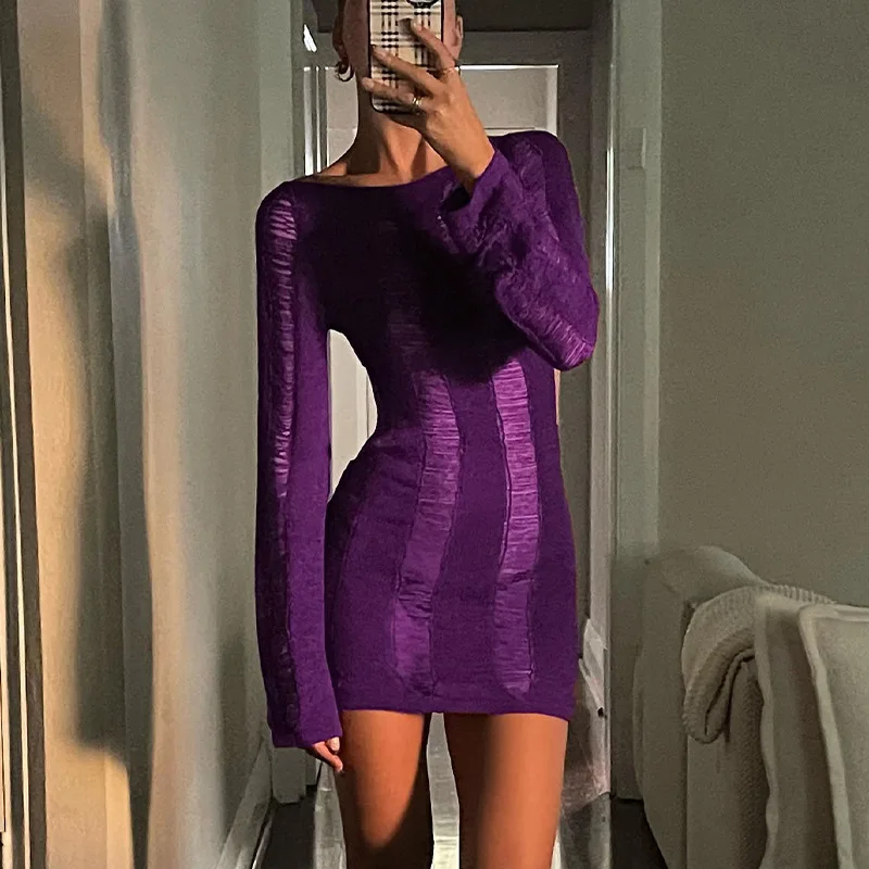 

Sexy Women Backless Cutout Dress Long Sleeve Round Neck Solid Color Crochet Knit See Through Mini Dress Summer Beach Sundress