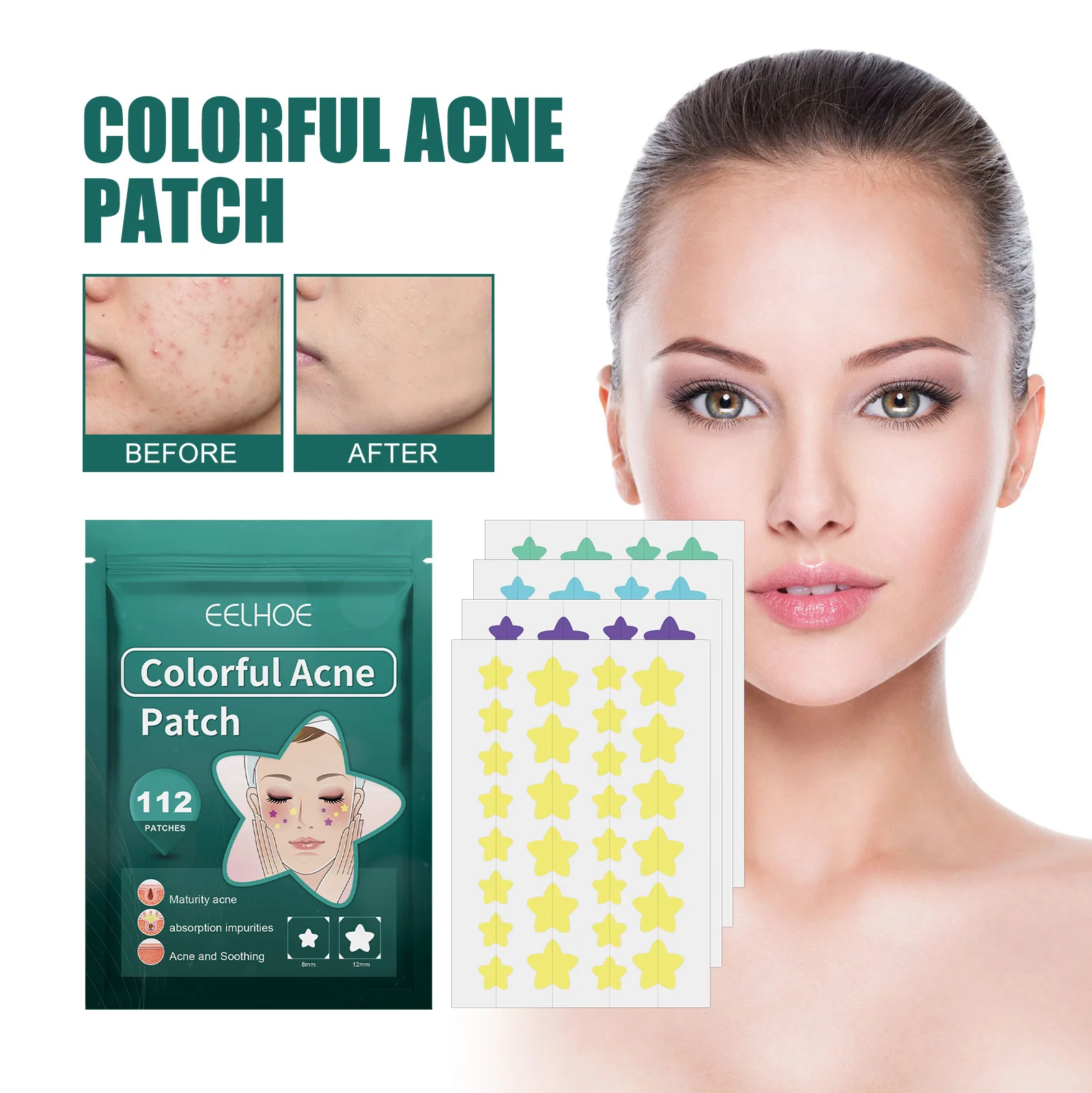 112pcs Pimple Acne Concealer Beauty Acne Tools Star Shaped Hydrocolloid Acne Patches Cute Pimple Spot Bandages for Face Healing