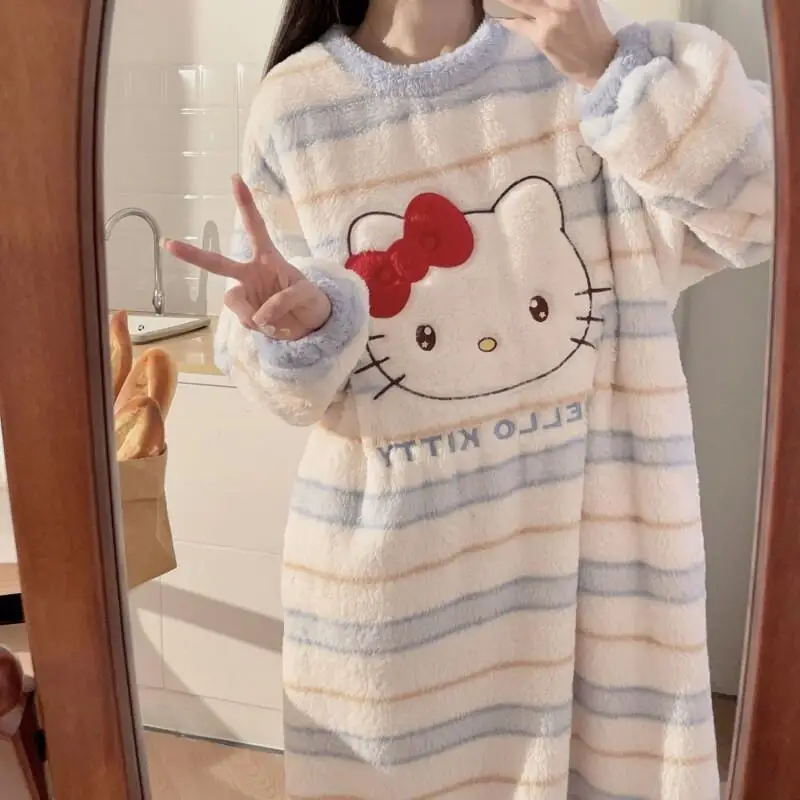

Ночная рубашка Sanrio Hello Kitty из флиса и фланели для беременных, осенне-зимняя, на флисовой подкладке, утолщенная, с длинными рукавами, в полоску, милая, свободного кроя