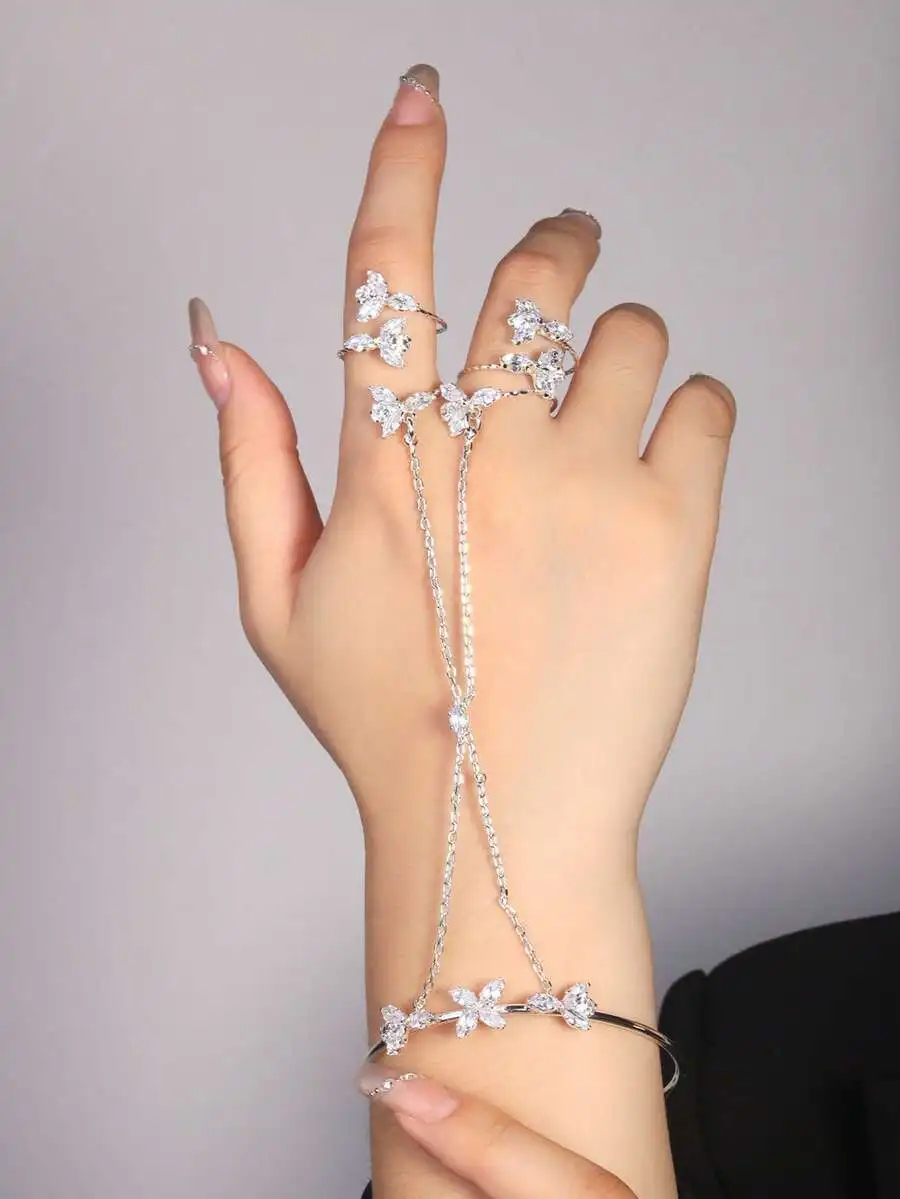 SGIAWETA-1pc Flower Knuckle Ring Hand Chain, Luxury Zirconia Hand Back Chain For Women, European And American Bride Wedding Bracelet-birthdaygift
