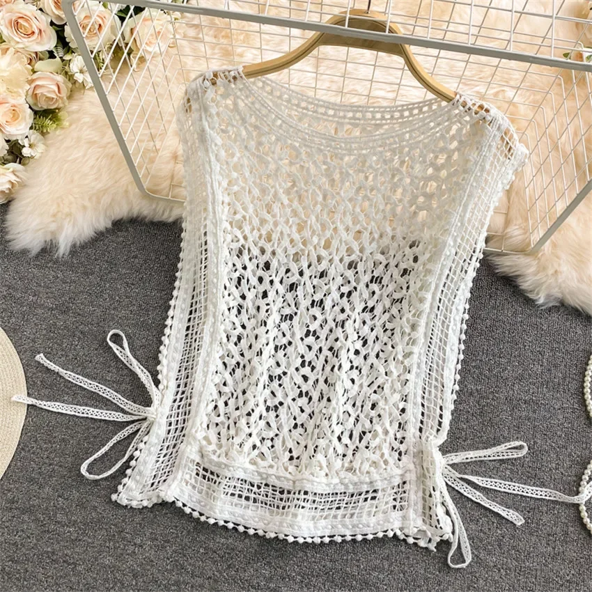 Summer Crochet Top Shirt Women\'s Knitted Vest Sleeveless T Shirt Sexy Holow Out Side Lace Up Lace T-Shirt Tee Shirt Femme