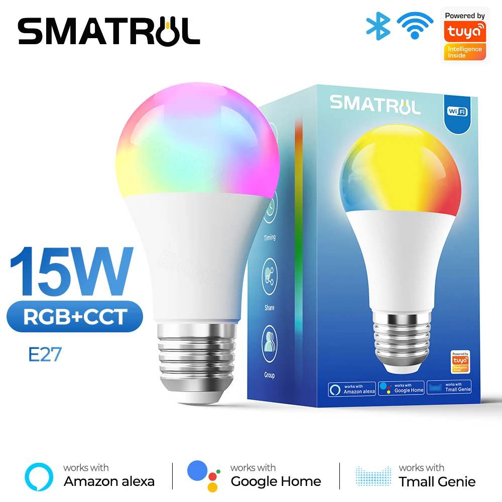 

SMATRUL Tuya 15W WiFi Light Bulb Smart Life LED 850LM RGB Lamp App Work With Alexa Google Home Dimmable Timer 110v 220v