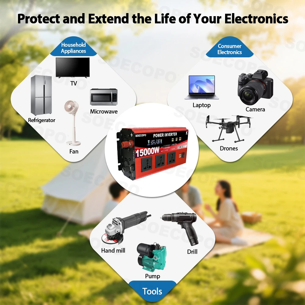 المزدوج الجهد المدخلات 15000 واط العاكس الحالي 8 منافذ USB 3 مآخذ عالمية الذكية الشمسية العاكس تيار مستمر إلى التيار المتناوب 110/220 فولت التخييم المنزل