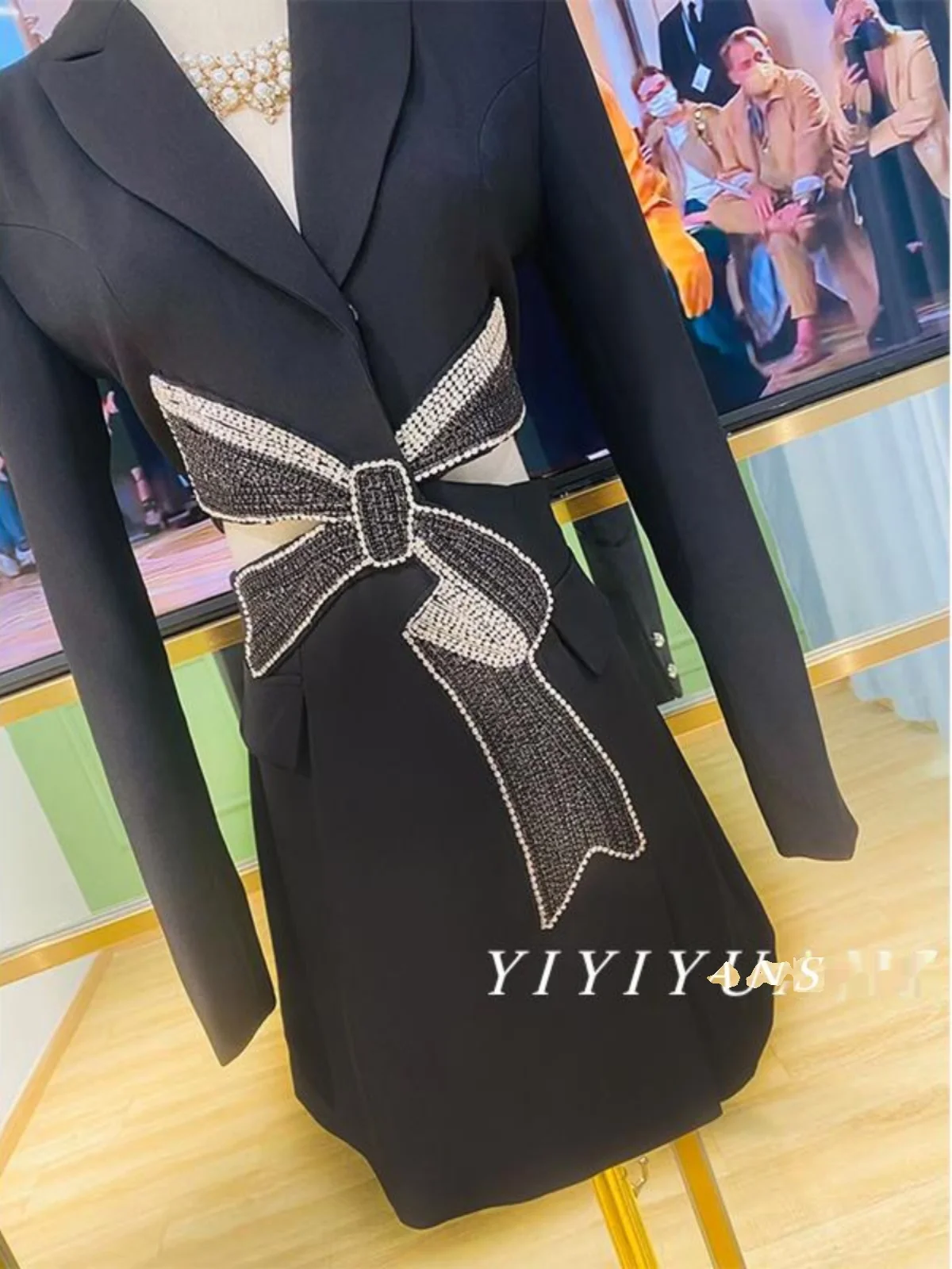 Niche design sense slim-fit socialite black slim-waisted rhinestone bow suit dress vetement femme