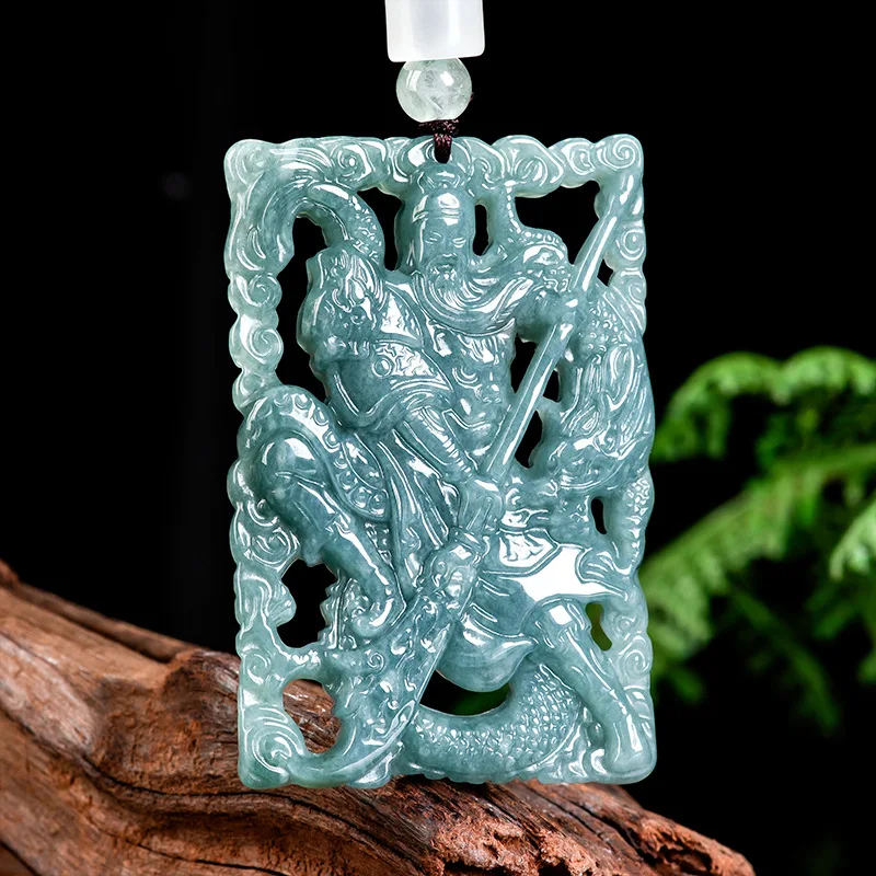 Natural A-grade Jade Blue Water Divine Dragon Guan Gong Wu Cai Shen Nuo Zhong Jade Pendant Men's Pendant Women's Jade Pendant