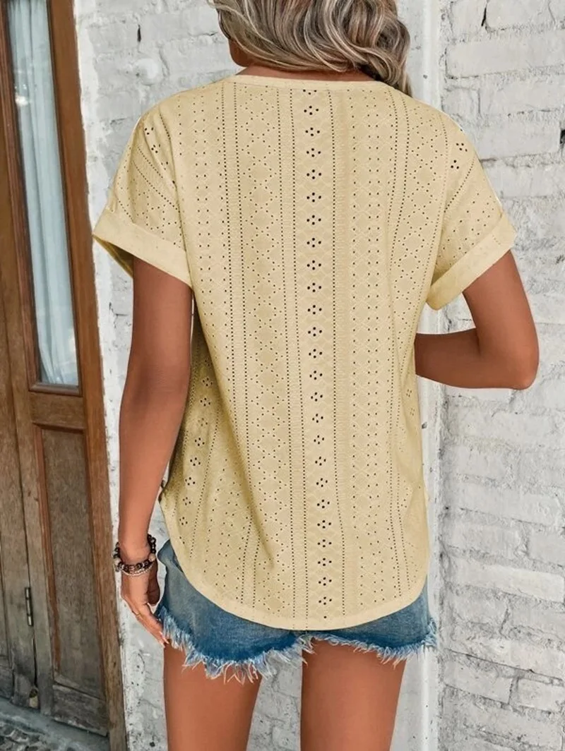 Spring/summer 2024 ladies new solid color hollowed out blouse mesh regular sleeve casual short sleeve t-shirt