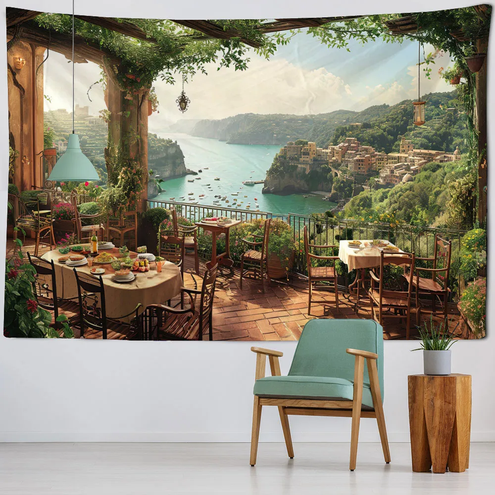 Beautiful seaside courtyard landscape tapestry wall hanging room wall decoration living room and bedroom background poster