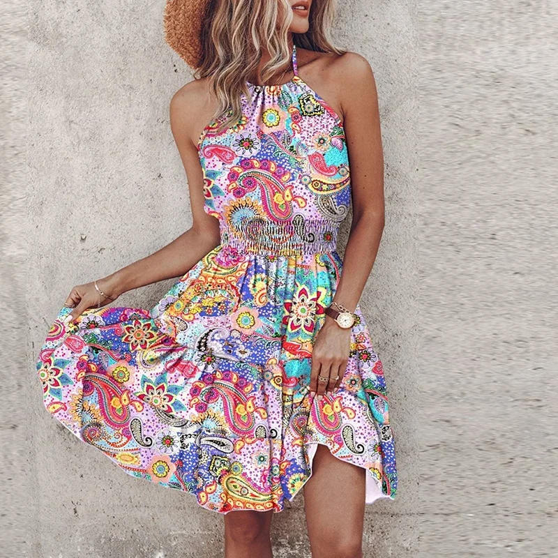 Summer Floral Print Mini Dress Women Sexy Sleeveless Halter Dresses For Women Fashion A-line Beach Short Dress Boho