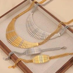 Hyperbole Large Necklace Bracelet For Women Stainless Steel Zircon Double Cuban Chain Hollow Gold-Plated Dubai Women Jewelry Set