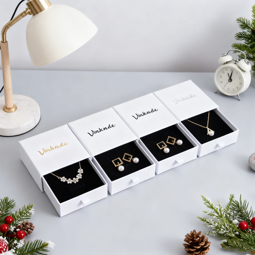 

50PC 7x7x2.5cm Paper Drawer Box Custom Jewelry Packaging Boxes Personalized Logo Chic Small Ring Necklace Earring Organizer Case