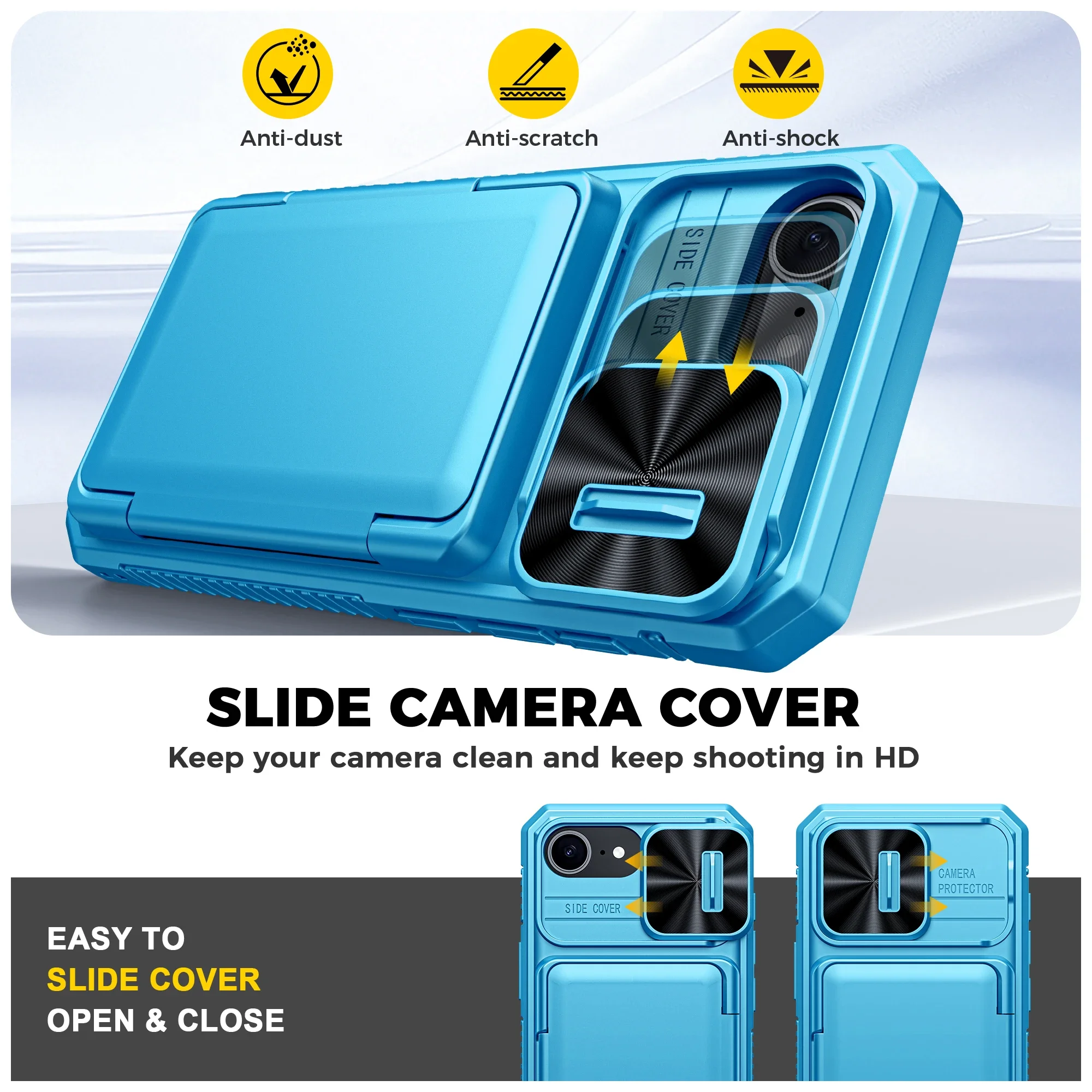 هدايا الهالوين، حامل بطاقات محفظة RFID، غطاء كاميرا، جراب هاتف واقٍ متين مقاوم للصدمات لهاتف iPhone 16 E-Light Blue