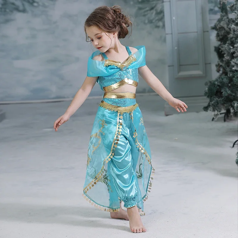 2024 Jasmine Girls Princess Dress Birthday Party Halloween Cosplay Aladdin Magic Lamp Costume for 3-10 Years Old Kids Vestidos