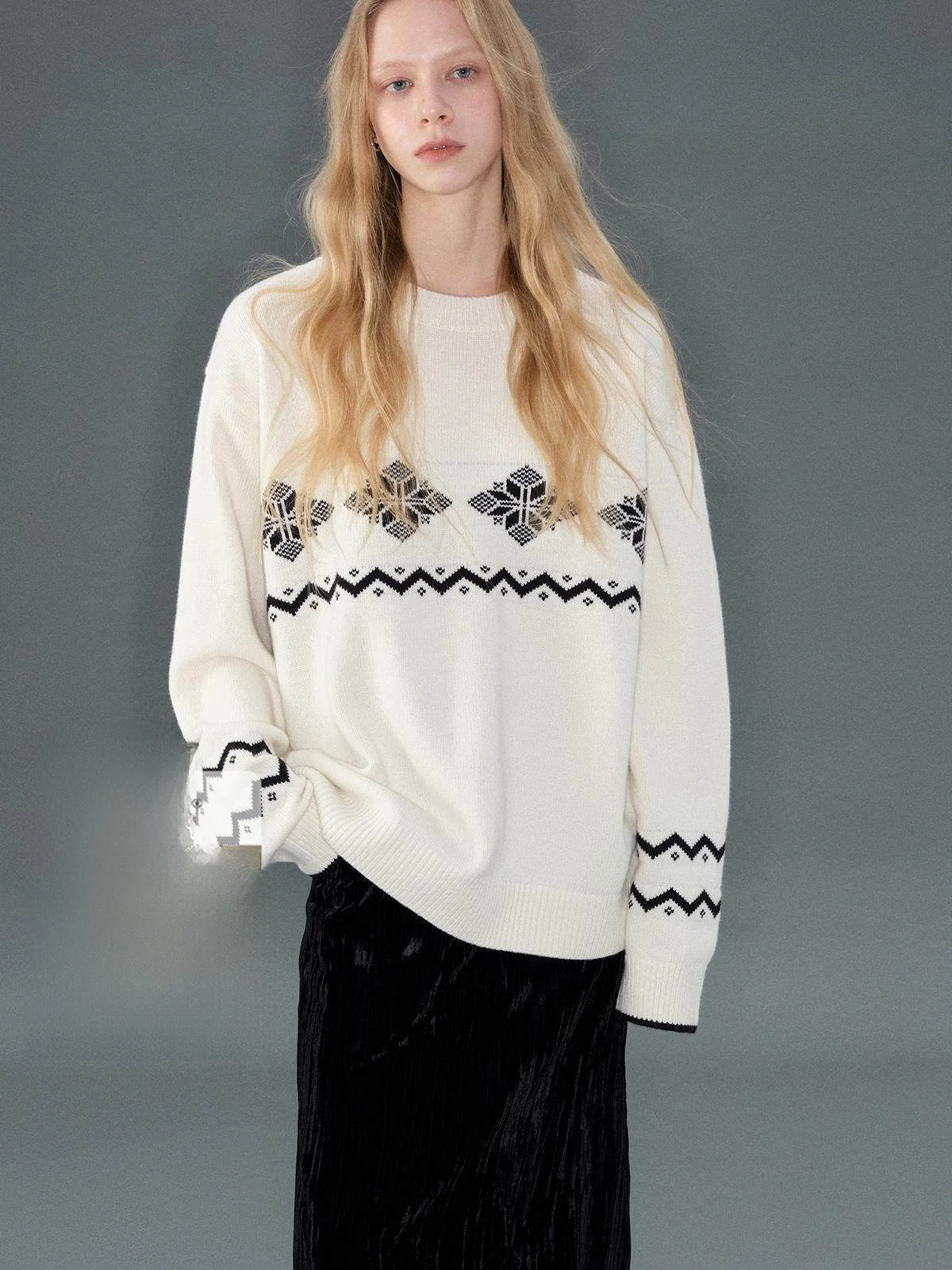 

Retro Snowflake Geometric Color Blo Knitted Woolen round Ne Sweater Festive Aosphere JUSLIN K29 Street Sle Loose Fit