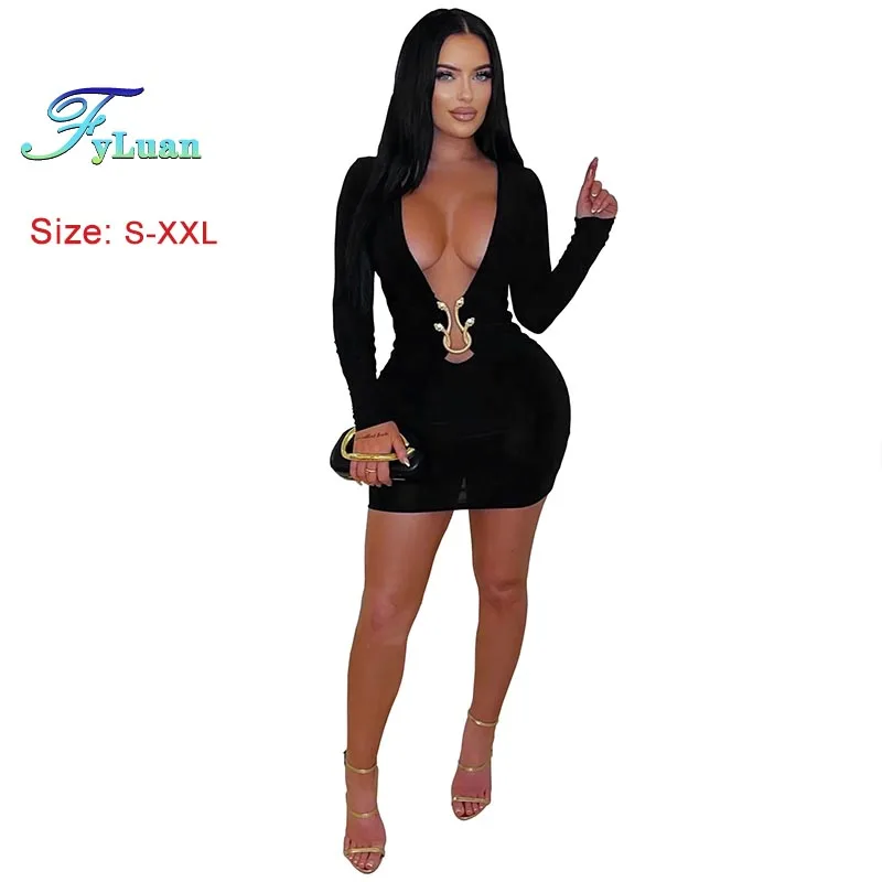 Mini abito sexy Moda Abbigliamento donna Abito aderente a maniche lunghe con scollo a V profondo Tinta unita Abito medio da donna Abito da festa in discoteca