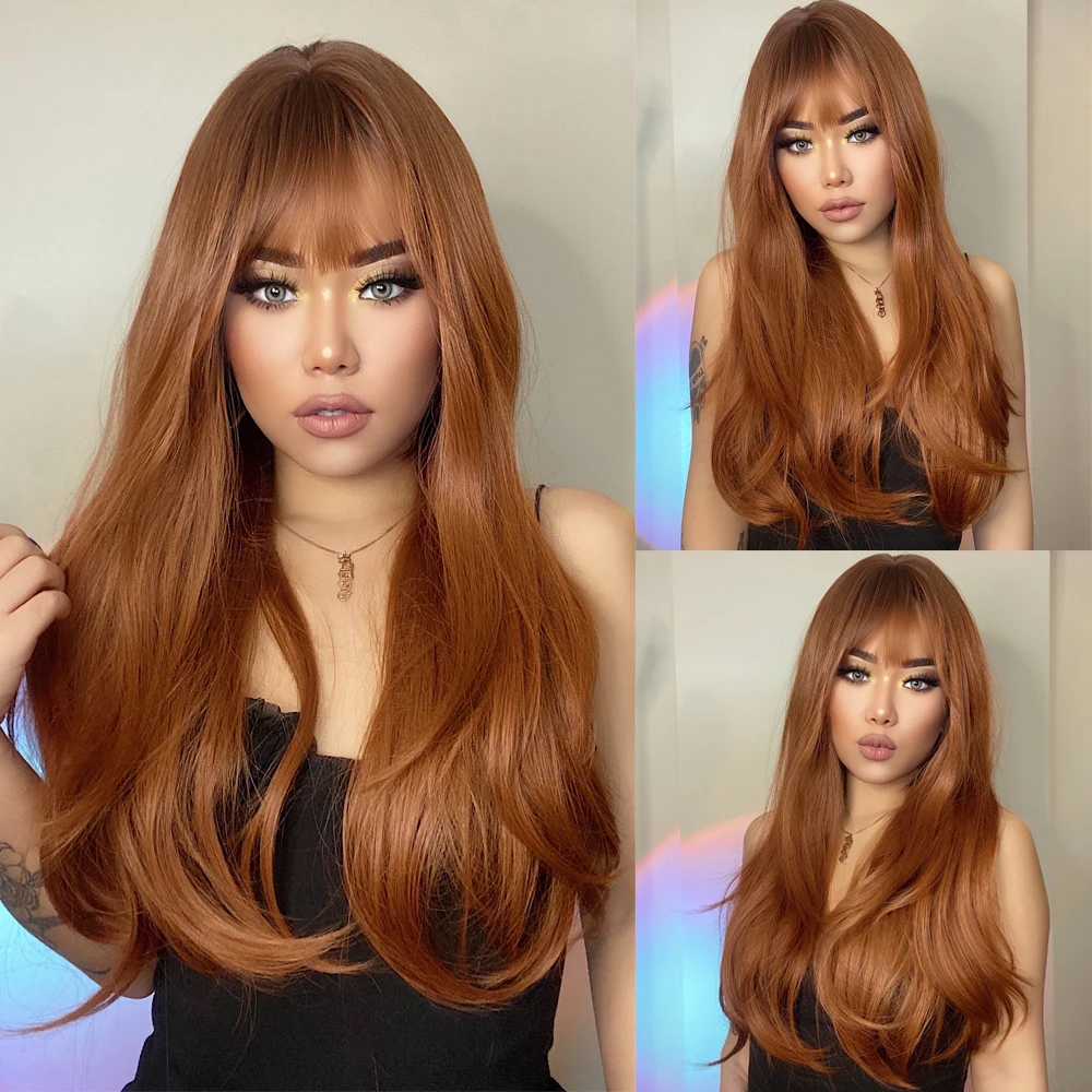 HENRY MARGU Ombre Red Brown Copper Ginger Long Synthetic Wig for Women Natural Wave Wigs with Bangs Heat Resistant Cosplay Hair