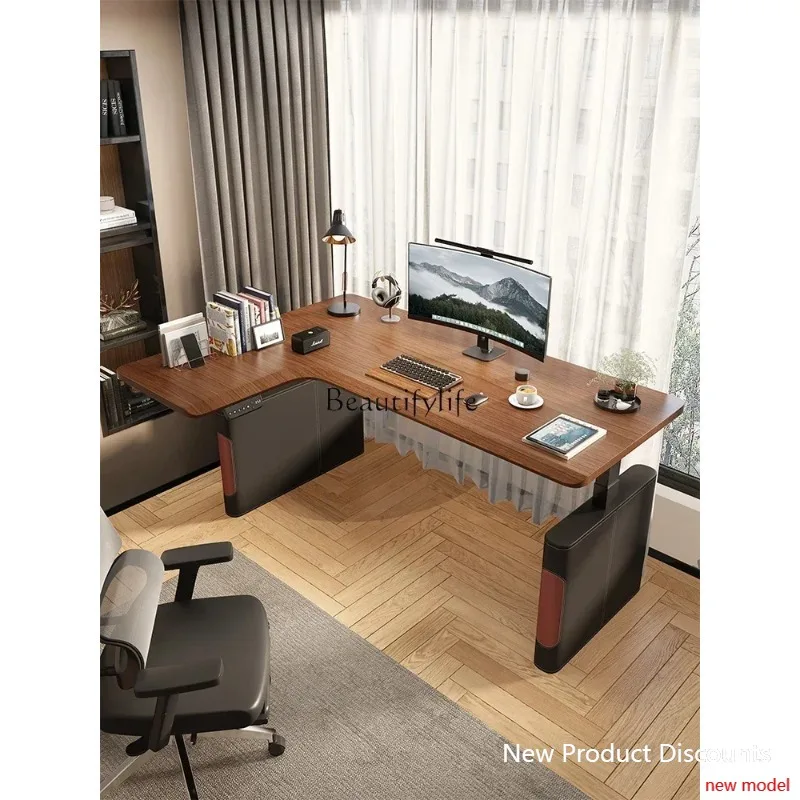 

lhy 26 ss 26 Corner Solid Wood Electric Lifting Desk Corner Computer Desk Saddle Leather Black Walnut Color Desk