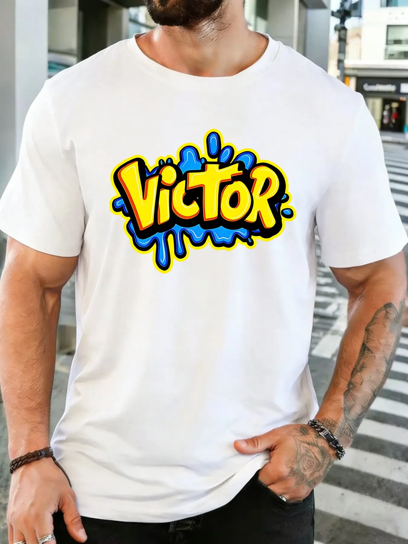 Fashion Mens Basic Cotton T Shirt Victor Splash Graffiti Custom Name Print Trendy Street Crew Neck Short Sleeve Casual Male Top