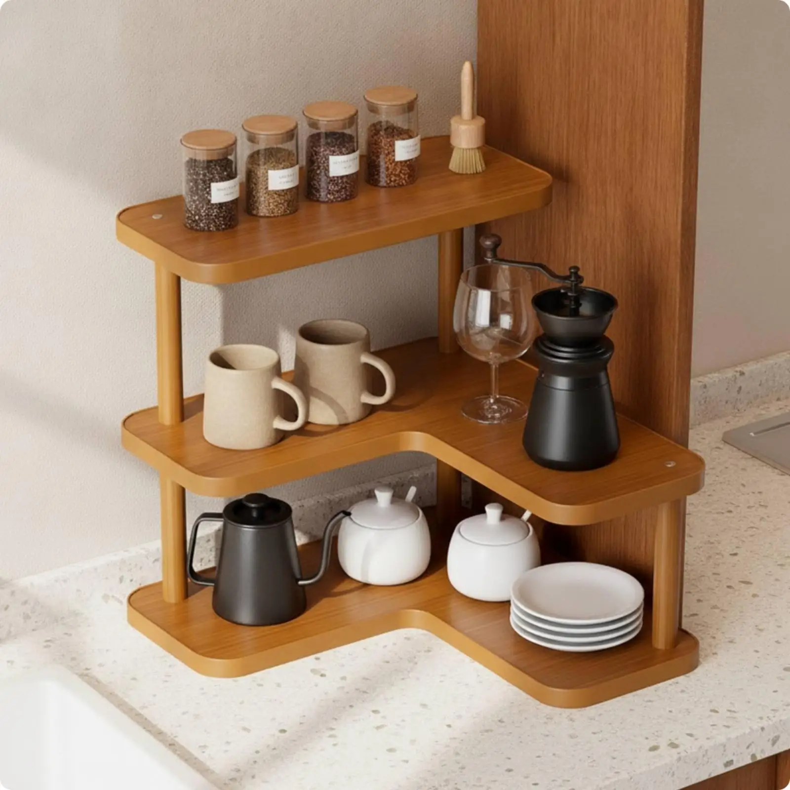 3 Tier Bamboo Corner Shelf Rack for Kitchen Counter Organization with Open Design Fits Under Cabinets Perfectly