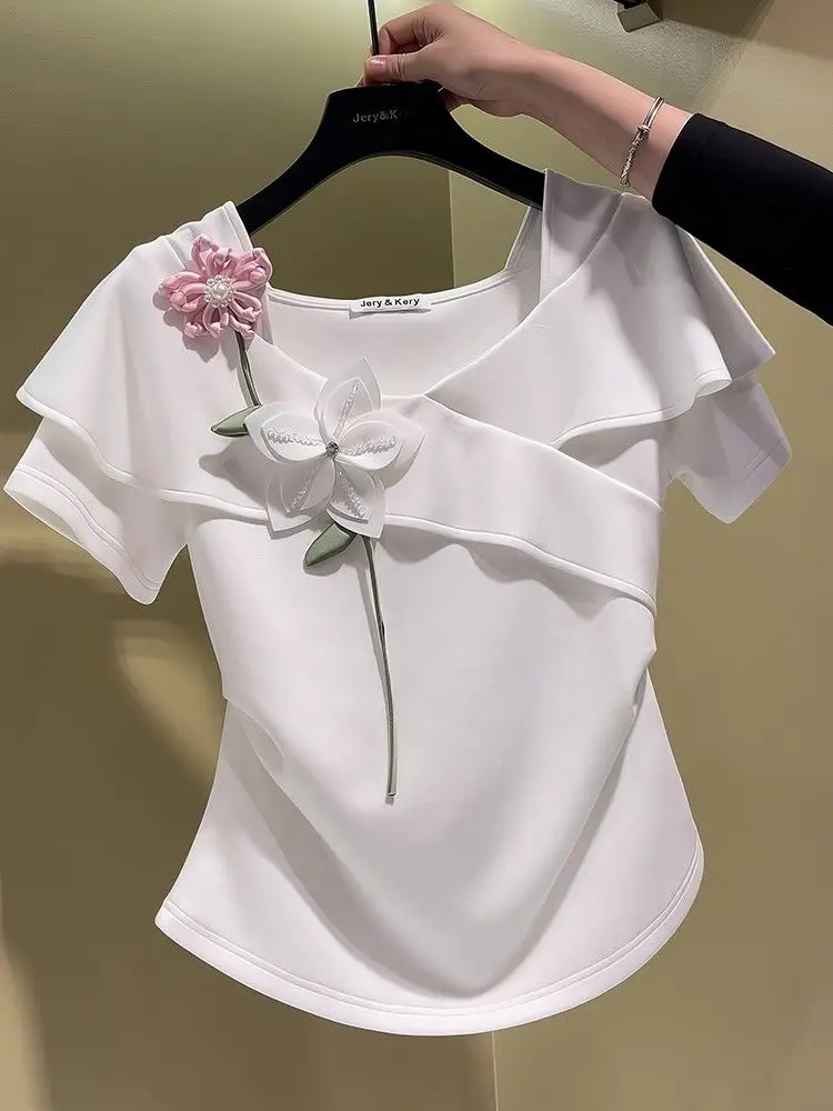 Square neck three-dimensional flower split waist short sleeved T-shirt for women 2024 summer new top