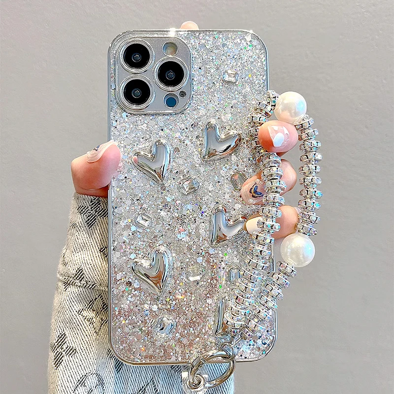 Luxurious Phone Case For iPhone 15 14 13 12 Pro Max electroplated silver glitter Cover for iphone 11 love bow case with Bracelet