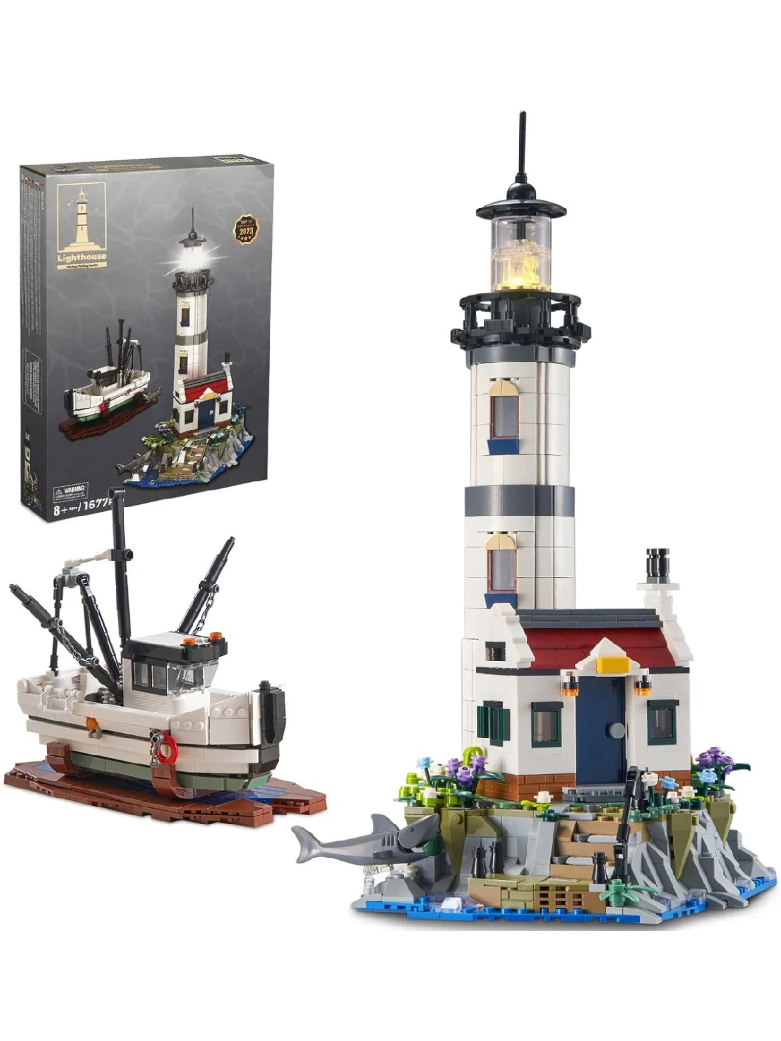 Blocos de construção de barco de pesca de farol - brinquedo educacional DIY, decoração de mesa perfeita e presente para crianças