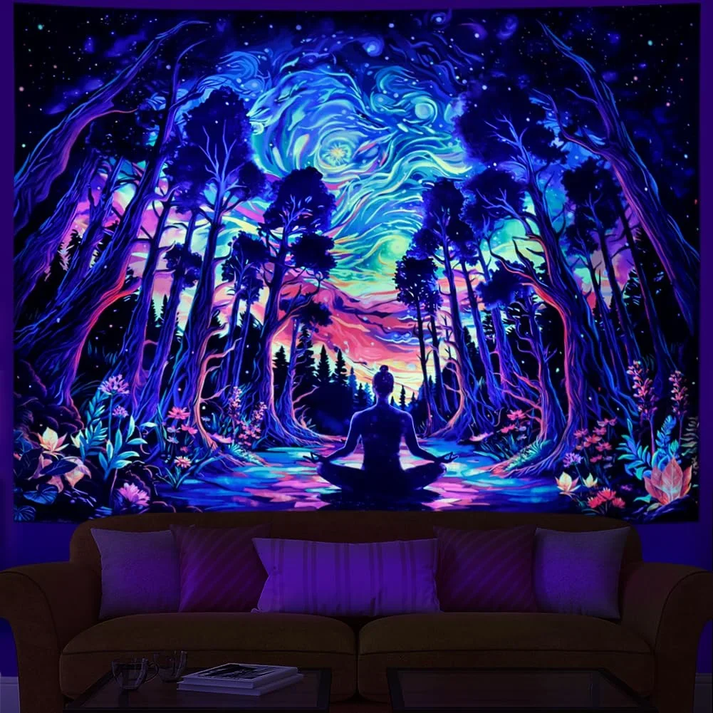Vibrant Psychedelic Forest Night Dreamscape Tapestry Boho Bohemian Spiritual Meditation Wall Hanging Decor
