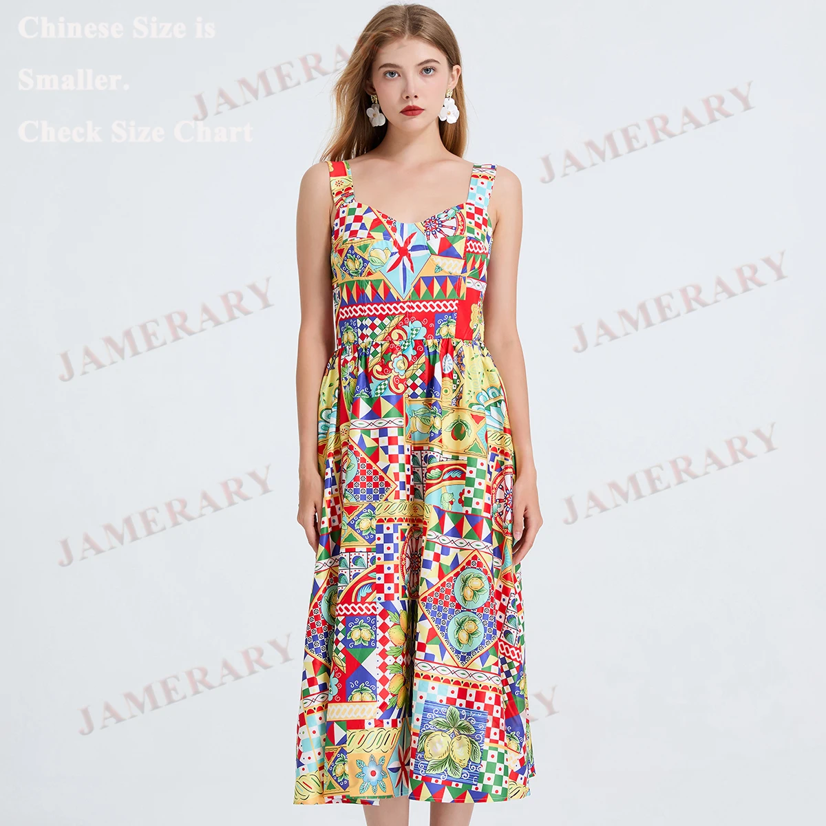 Palace Baroque Summer Print Long Dresses Women Strap Floral Sundress Lemond Beach Midi Dress Lady Elastic Elegant Vestidos
