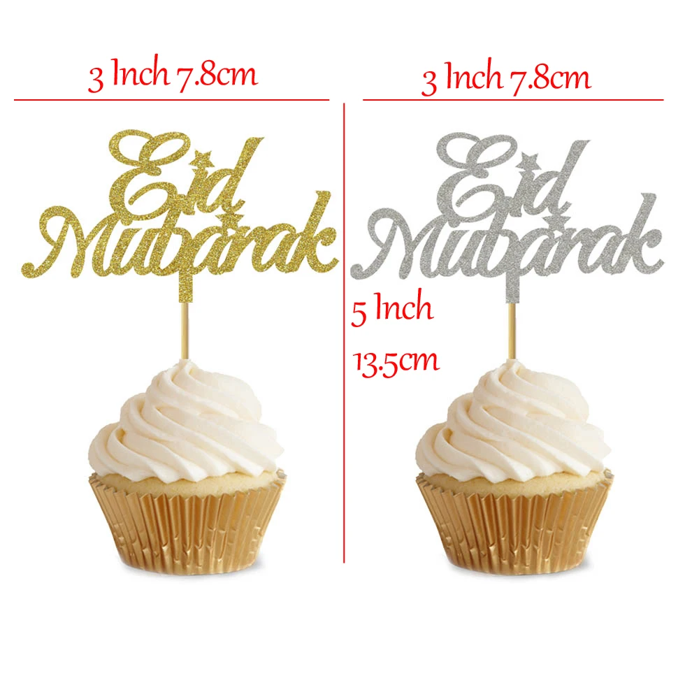 20 Pezzi 3x5 Pollici Glitter Oro Glitter Argento Eid Mubarak Cupcake Topper Per Eid Party Decorazione Cupcake