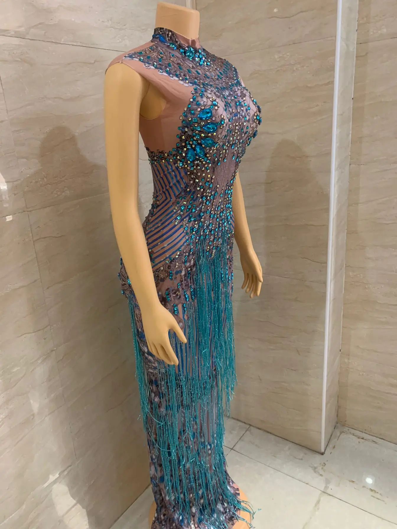 Fashion Crystals strass Party Long Dress Women senza maniche nappa Club Dress Blue Sexy Jazz Singer Dancer Stage Costumes