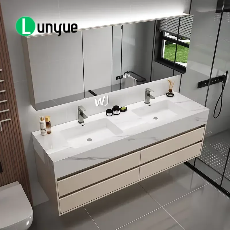 Modern Double Sink Bathroom Vanity Cabinet with Rock Slab Top Seamless Integrated Basins Light Luxury Wall Mounted Storage