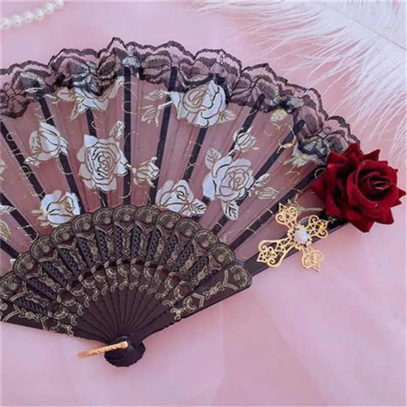 Ventilador vitoriano gótico para feminino, ventilador de mão de renda, preto vintage, branco, rosa vermelha, fãs de bambu, cosplay