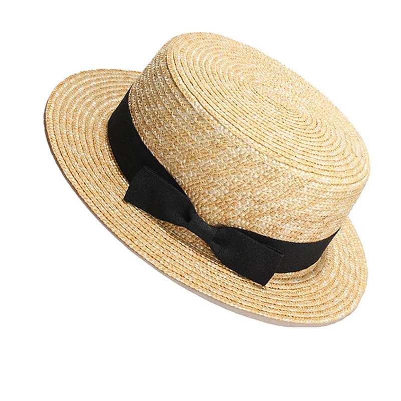 Wide Brim Boater Hats Flat Top Sun Hat Stripe Ribbon Bow Summer Fedoras Hats Ladies Derby Hat Stage Performance Beach Party Hat