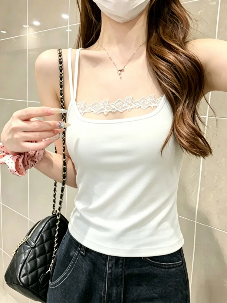 Summer Lace Splice Strap Vest Women's plus Size Cotton 95% Inner Wear Sweet Base Shirt Sexy Girl Layered Top Simple Style