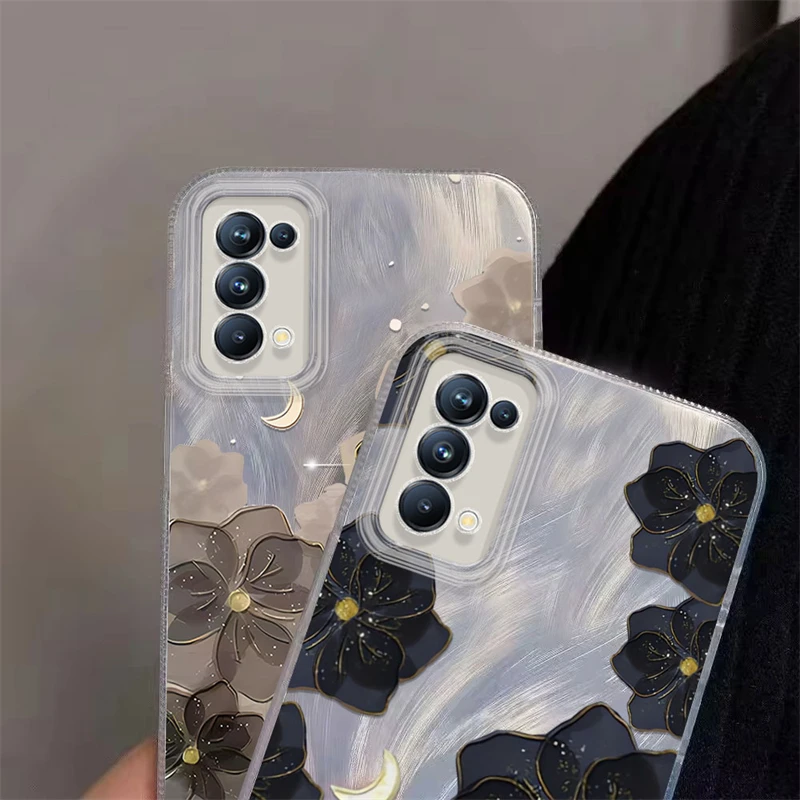 Funda IMD para OPPO Reno 12, 11, 8, 7, 6, 5, 4 Lite, diseño de Flores Negras, patrón de Luna, a prueba de golpes, anticaída, pluma, hilo, funda suave para teléfono