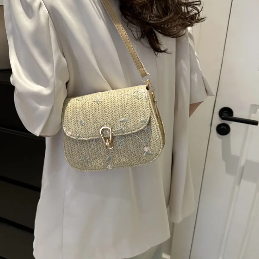 

Mental PU Weave Crossbody Bag Soft Embroidery Hasp Straw Bag White Khaki Flower Pattern Handbag Shopping