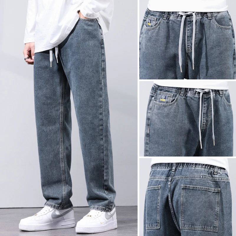 KSTUN Loose Fit Jeans Men Baggy Pants Light Blue Wide Leg Elastic Waist Casual Denim Pants Male Long Trousres Men\'s Clothing