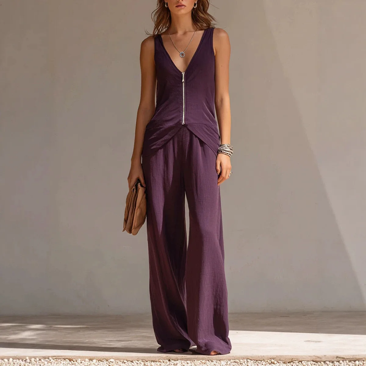 Damen-Set mit tiefem V-Ausschnitt, 2-teilig, ärmelloses Oberteil mit Reißverschluss vorne, hoch taillierte Hose mit weitem Bein, Sommer-Outfit in einfarbiger Farbe, lässiges Alltagsoutfit