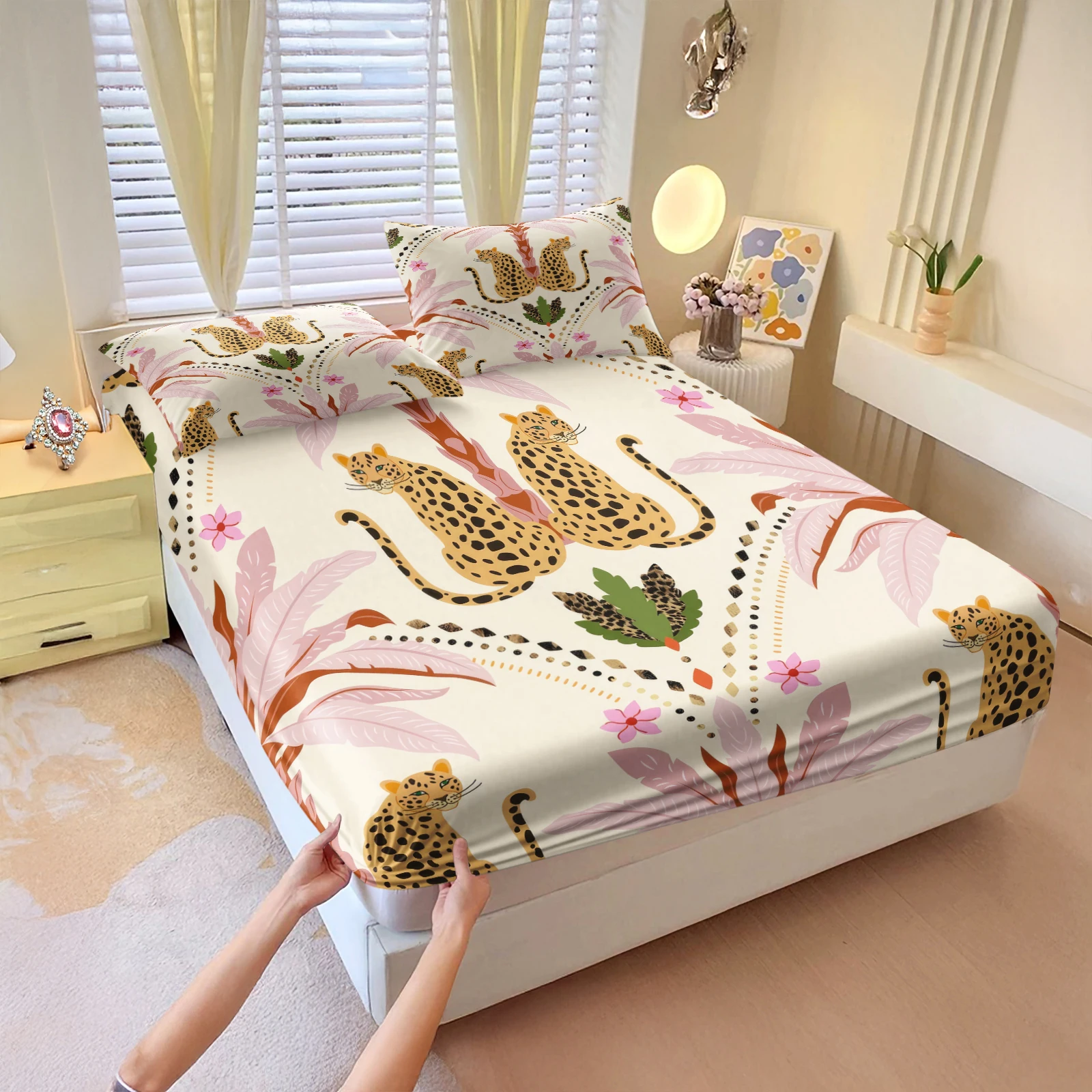 Tropical Leopard Pink Palm Leaf Printed Fitted Sheet Set Elastic Deep‑Pocket Mattress Cover Polyester Bed Sheet Bohemian Jungle