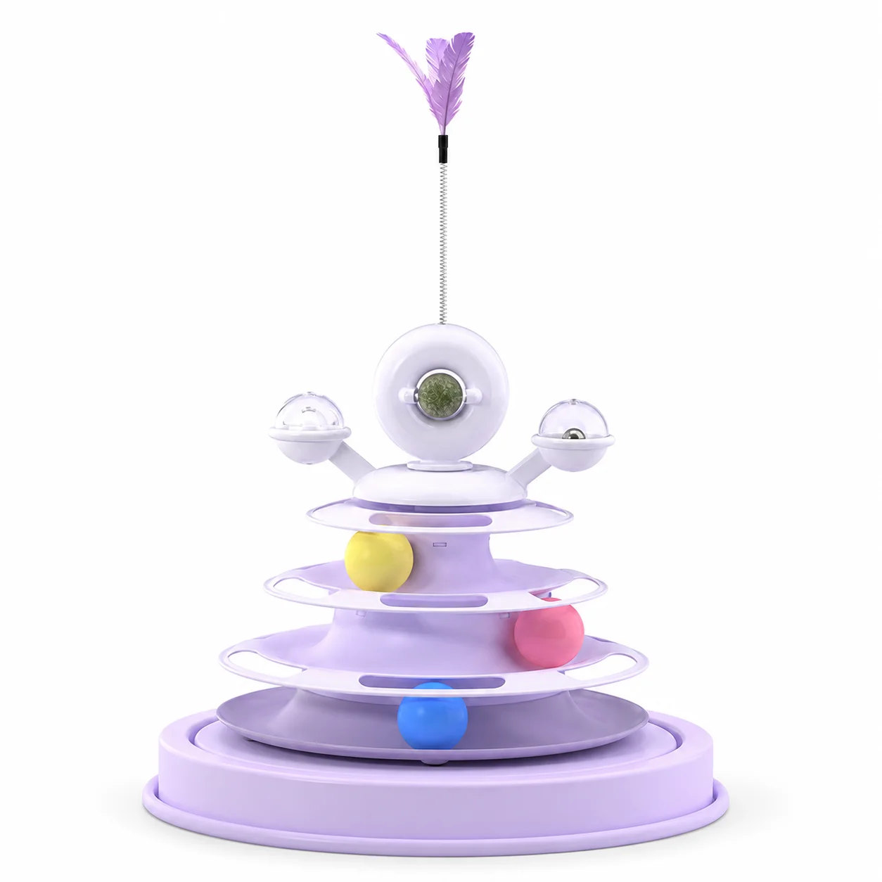 

Interactive Cat Toy Tower with Feather Teaser, Catnip Ball, 3-Level Rolling Track Balls for Indoor Kitten Play