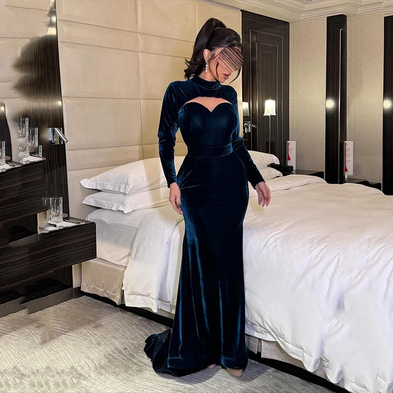 

Thinyfull Formal Mermaid Prom Evening Dresses Saudi Arabia Long Sleeves Velvet Party Dress Women Cocktail Prom Gowns Customized