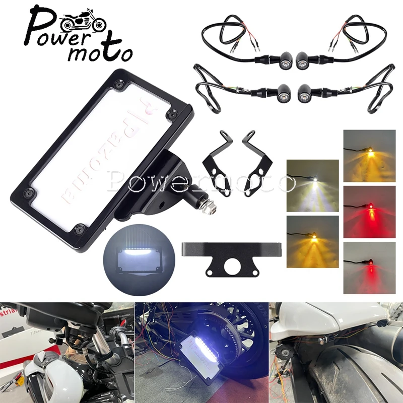 

For Harley Sportster S RH1250S Front & Rear Mini Bullet 3 in 1 LED Turn Signals Lights Side Mount License Plate Holder Bracket