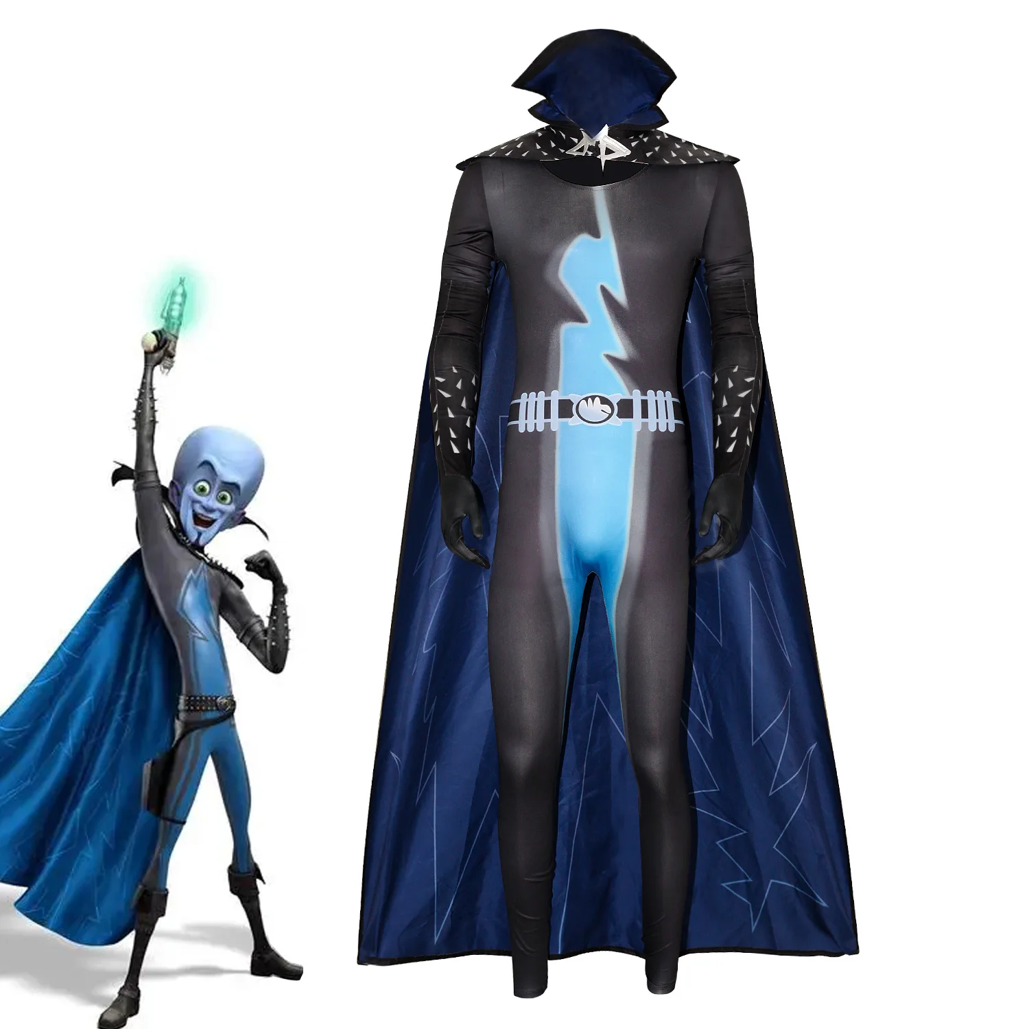 Halloween costume Megamind cosplay jumpsuit and cape urban anime movie superhero jumpsuit Cape carnival party outfit