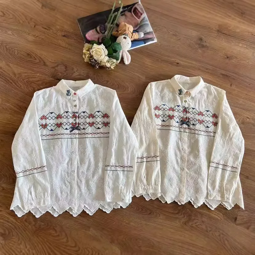 Japan Style Ethnic Embroidery Boho White Cotton Shirt Women Mori Girl Spring Autumn Turn Down Collar Long Sleeve Blouse Tops