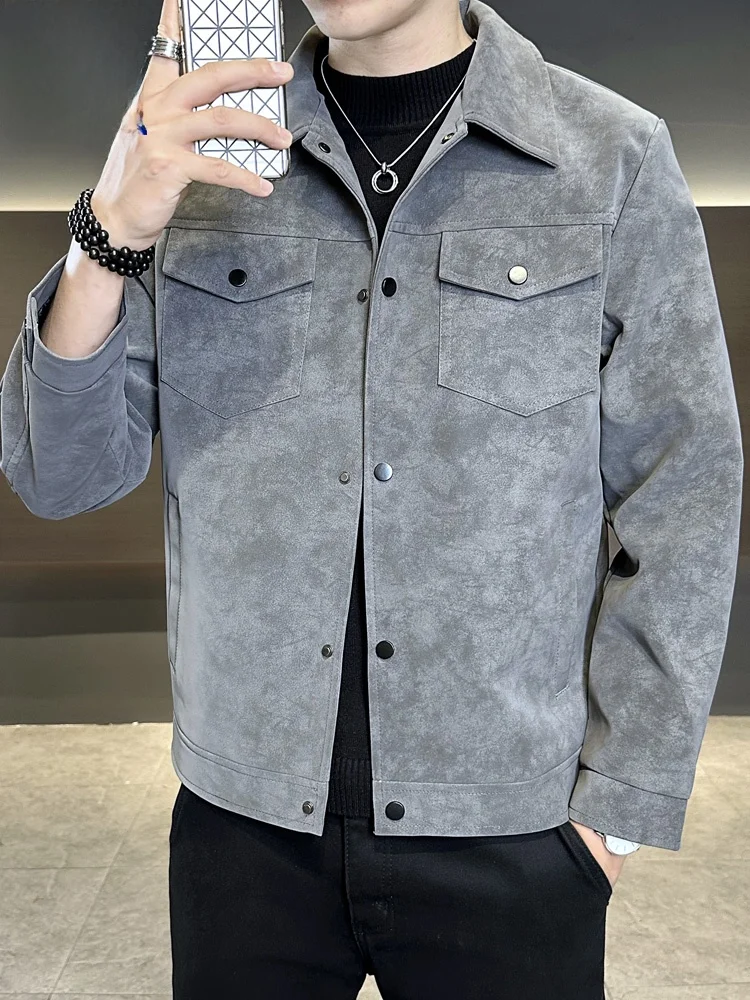 

Lormen Men's Suede Jaet Faionable Casual Sle Long Sve Flip Collar Autumn Spring Outerwear Polyester Fiber Straight Hem