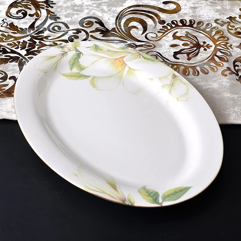 Ceramics Steaming Fish Plate  12 Inch Lily Flower pattern Oval Plate Bone China Snack Desserts Service Tray