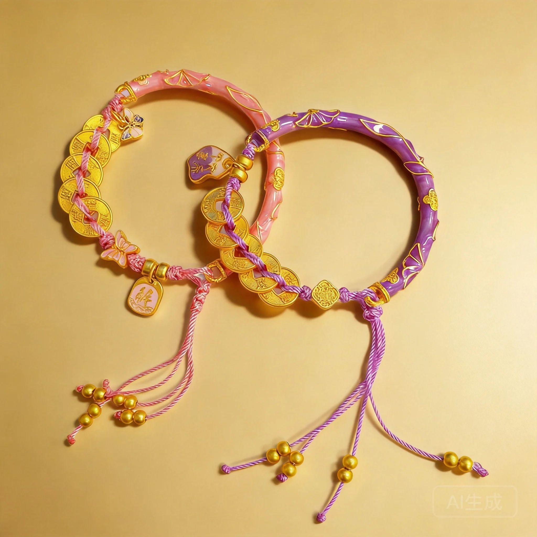 

Chinese Style Lucky Fortune Five Emperor Coins Bracelet Gold Plated Butterfly Ruyi Enamel Half Bangle Adjustable Braided Pink
